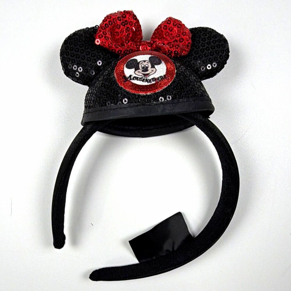Disney Parks Mickey Mouse Mousketeer Ear Headband Black Red Sequin Bow Patch